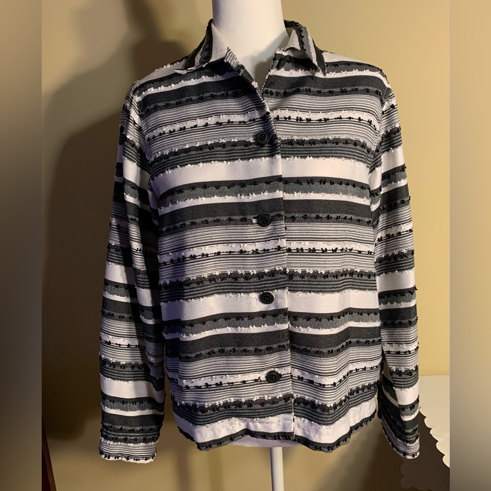 EUC Jacket: Nubby Embroidery, Boxy, Striped in Shades of Gray/White